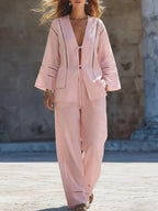 Cotton And Linen Hollow-out Tie-up Vacation Style Set