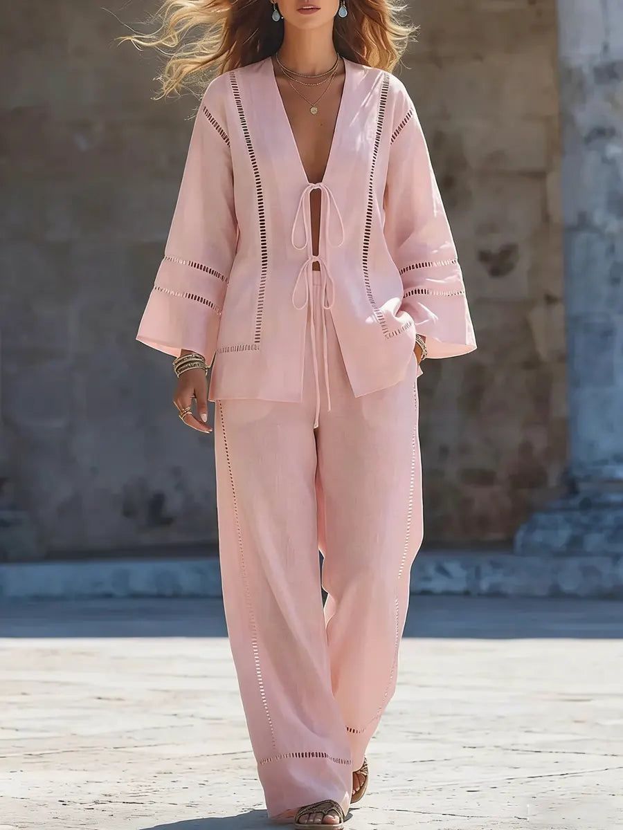 Cotton And Linen Hollow-out Tie-up Vacation Style Set