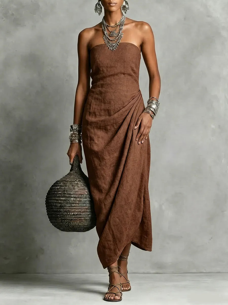 Women's Elegant Strapless Ruched Linen Cotton Dress