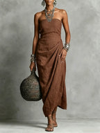 Women's Elegant Strapless Ruched Linen Cotton Dress