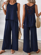 Women's Hollow Lace Two-piece Set: Casual Vest And Wide-leg Pants