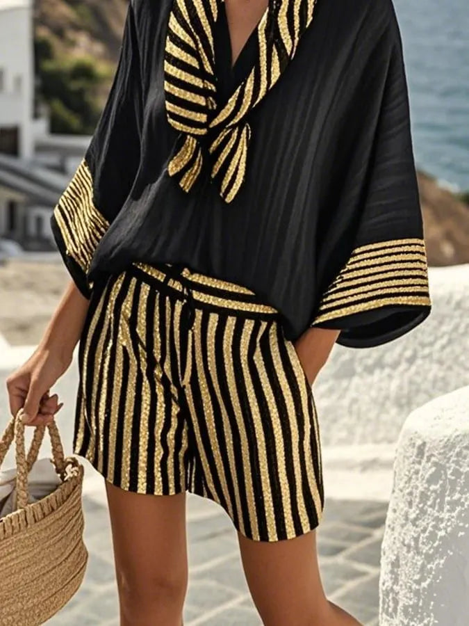 Women'S Casual Cotton And Linen Holiday Striped Print Loose Top Shorts Scarf Set