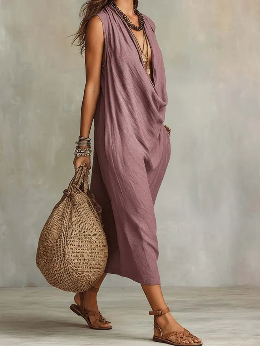 Women's Solid Color Swing Collar Art Stylish Cotton Linen Casual Dress