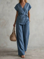 Women's Minimalist Cotton And Linen Wide-leg Pants Set