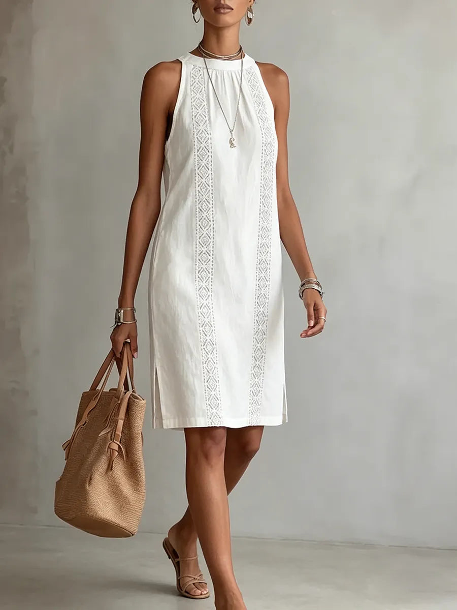 Elegant Lace Halterneck Cotton-linen Dress