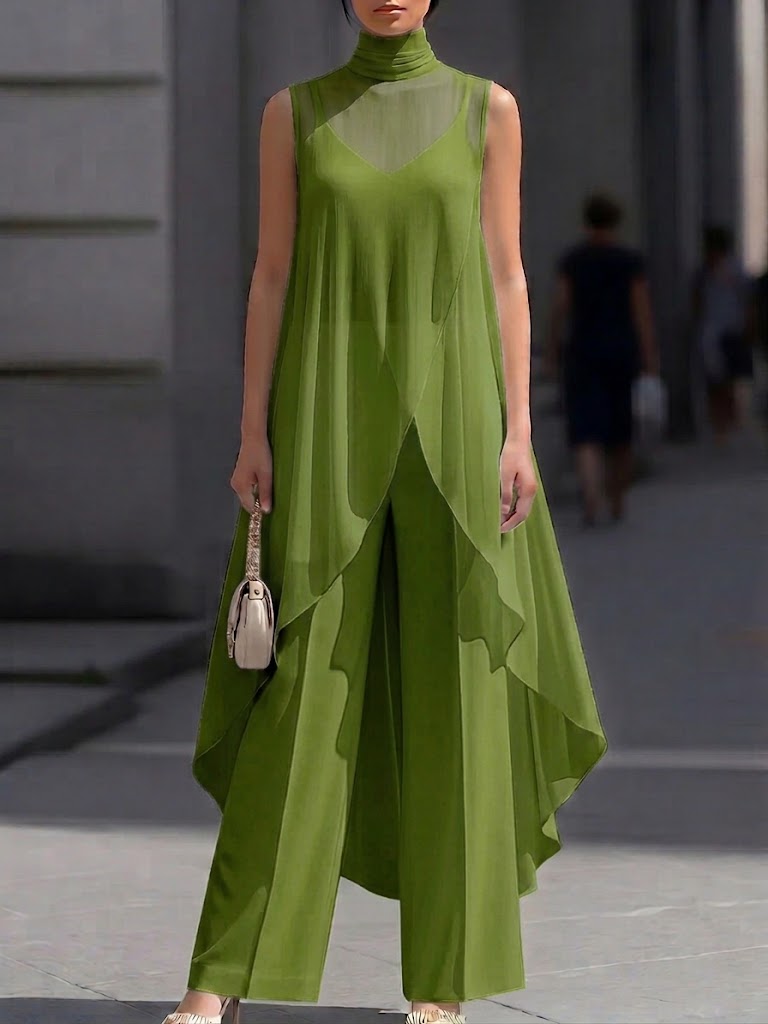 Elegant Chiffon Sleeveless Long Top & Cotton Trousers Two-piece Set