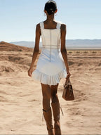 [24-hour shipping out]Stylish Casual White Denim Zipper Ruffle Trim Mini Dress