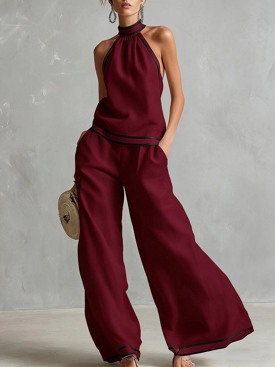 Women's Stand-up Collar Sleeveless Casual Loose Cotton And Linen Top With Elastic Waist And Wide-leg Pants Cotton And Linen Set