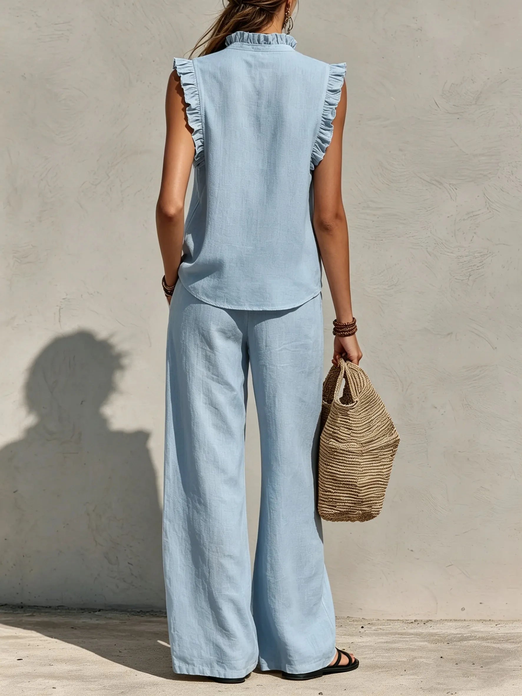 Sleeveless Ruffled V-neck Topï1⁄4elastic-waist Wide-leg Pants â Cotton-linen Casual Set