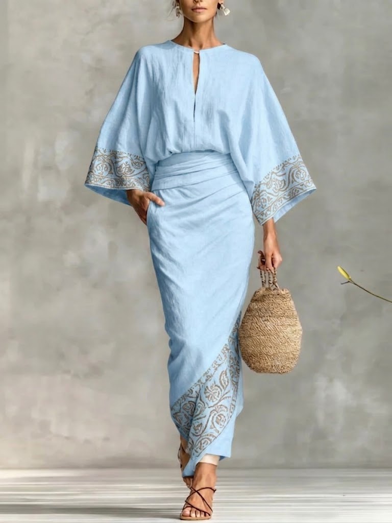 Stylish Casual Two-piece Set: Artistic Print Linen & Cotton Top And Skirt