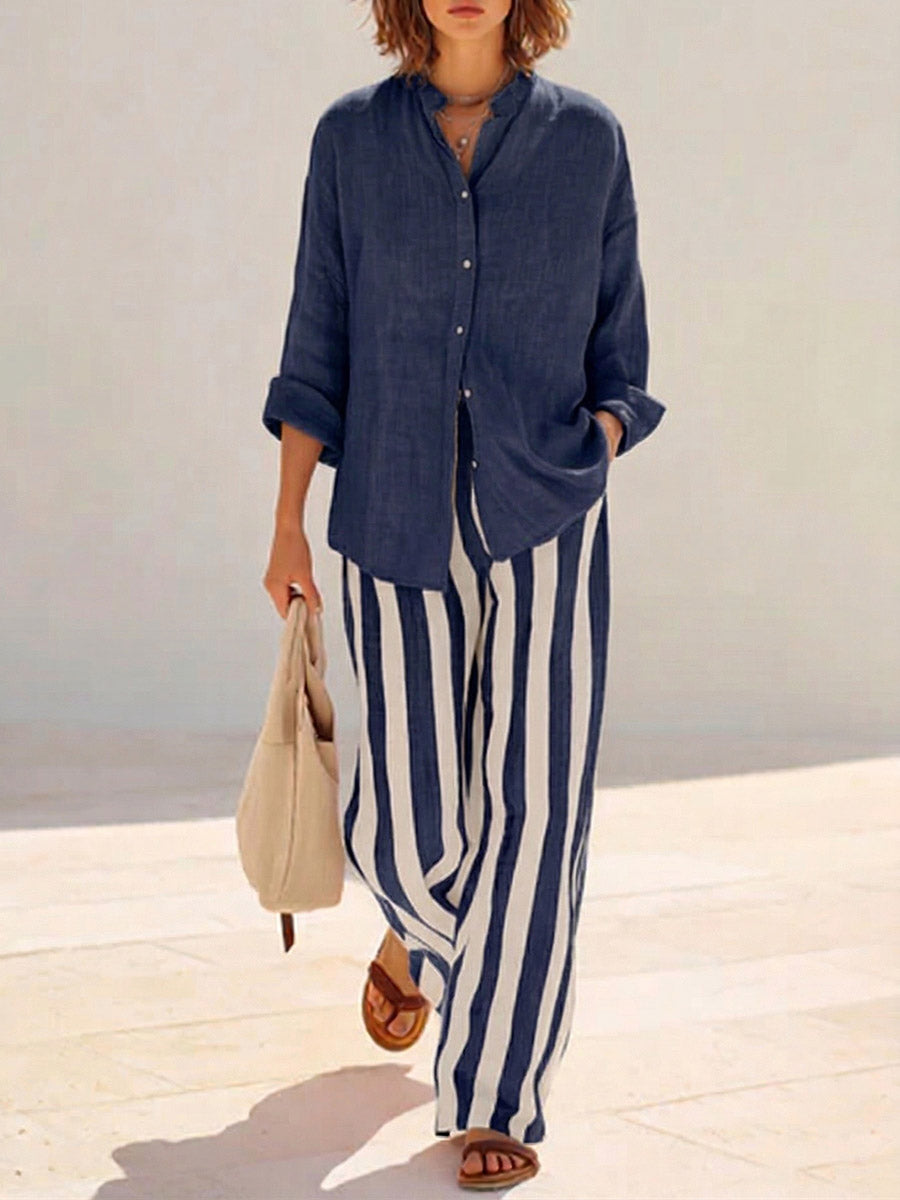 Women's Solid-color Stand-collar Long-sleeve Loose-fit Cotton-linen Shirt & Elastic-waist Striped Wide-leg Pants Set