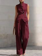 Women's Stand-up Collar Sleeveless Casual Loose Top And High-waisted Casual Loose Wide-leg Pants Cotton Set