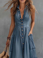 Tencel Denim Sleeveless Button-down Long Dress