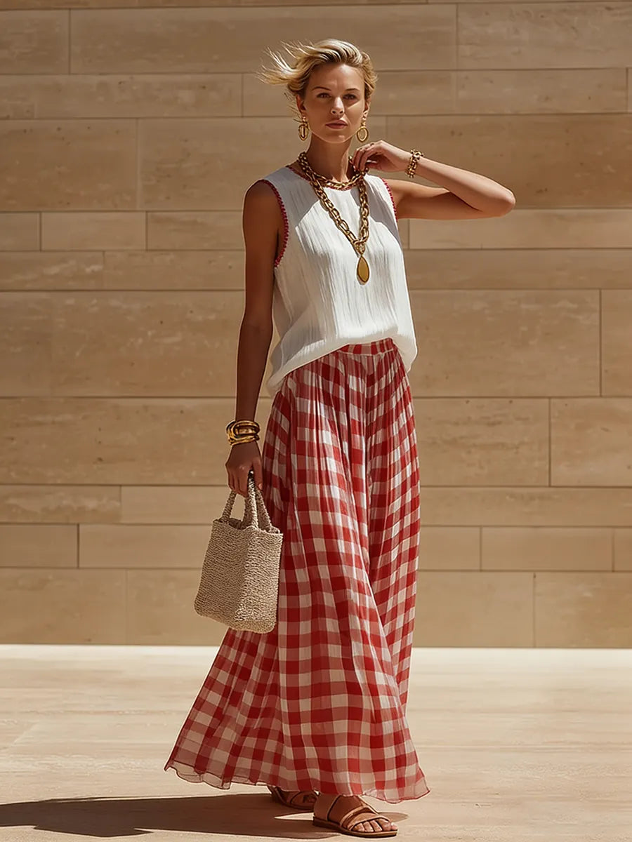 Retro-elegant Plaid Print Vest And Skirt Two-piece Set