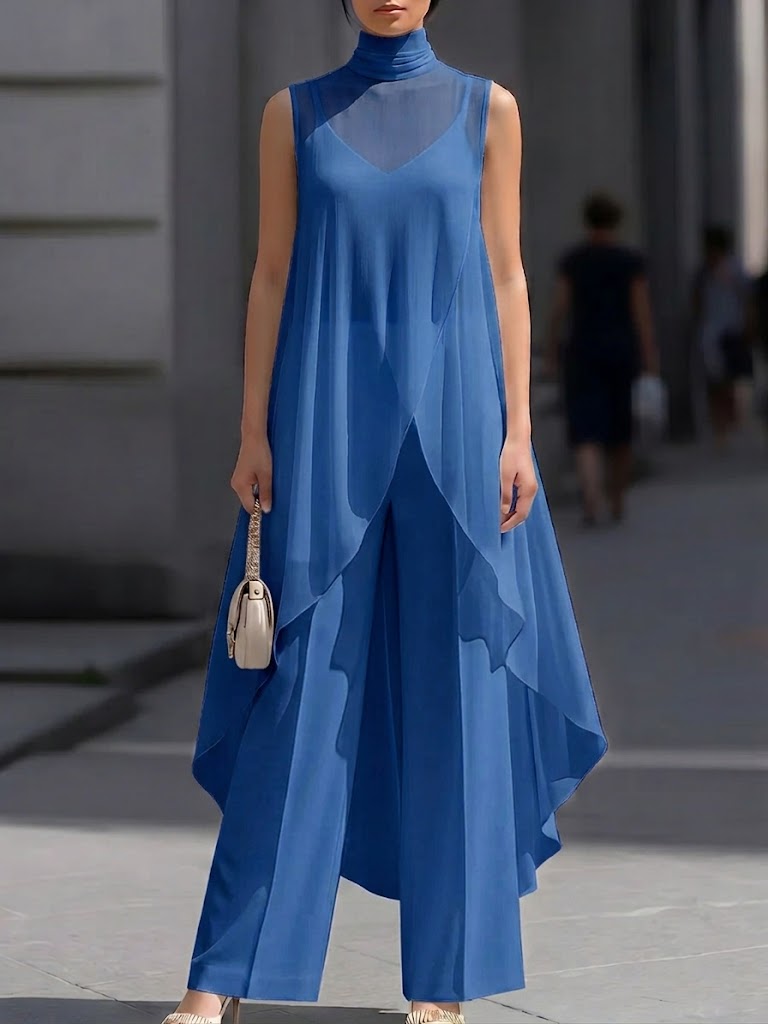 Elegant Chiffon Sleeveless Long Top & Cotton Trousers Two-piece Set