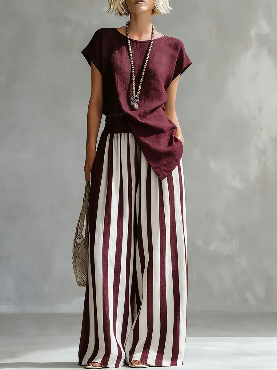 Cozy Loose-fit Striped Cotton-linen Two-piece Set