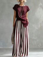 Cozy Loose-fit Striped Cotton-linen Two-piece Set