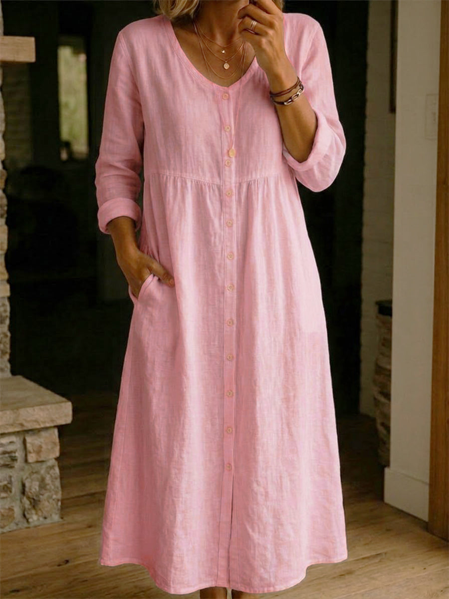 Casual Linen Cotton Button Dress