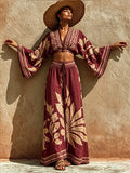 Bohemian-style Artistic Print Linen And Cotton Two-piece Set: Cropped Top And Pants