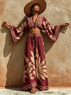 Bohemian-style Artistic Print Linen And Cotton Two-piece Set: Cropped Top And Pants