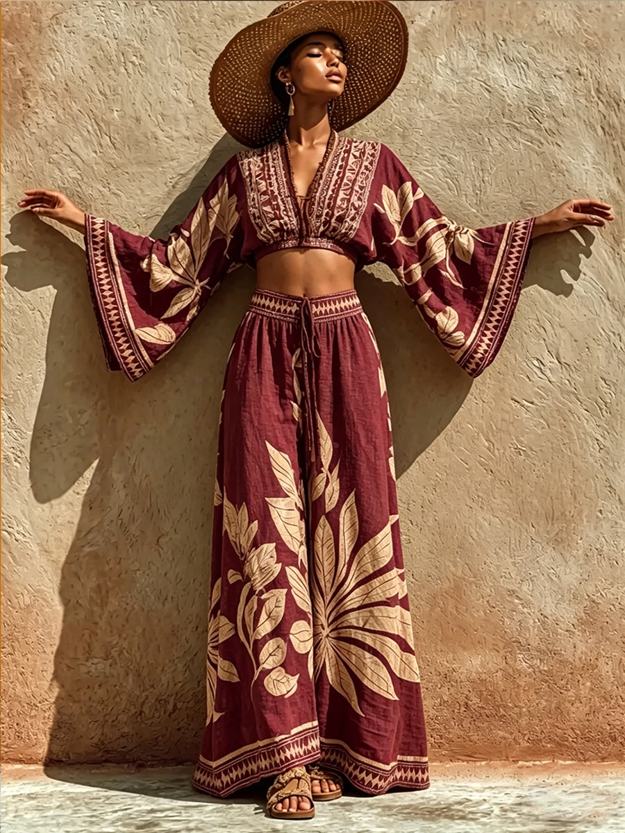 Bohemian-style Artistic Print Linen And Cotton Two-piece Set: Cropped Top And Pants
