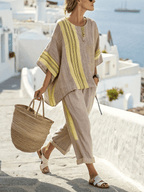 Women'S Loose Slit Contrast Striped Pants Set