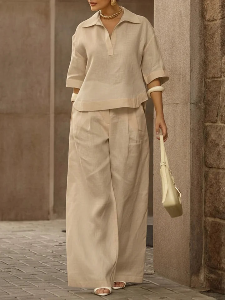 Women's Casual Linen And Cotton Shirt And Wide-leg Pants Two-piece Set
