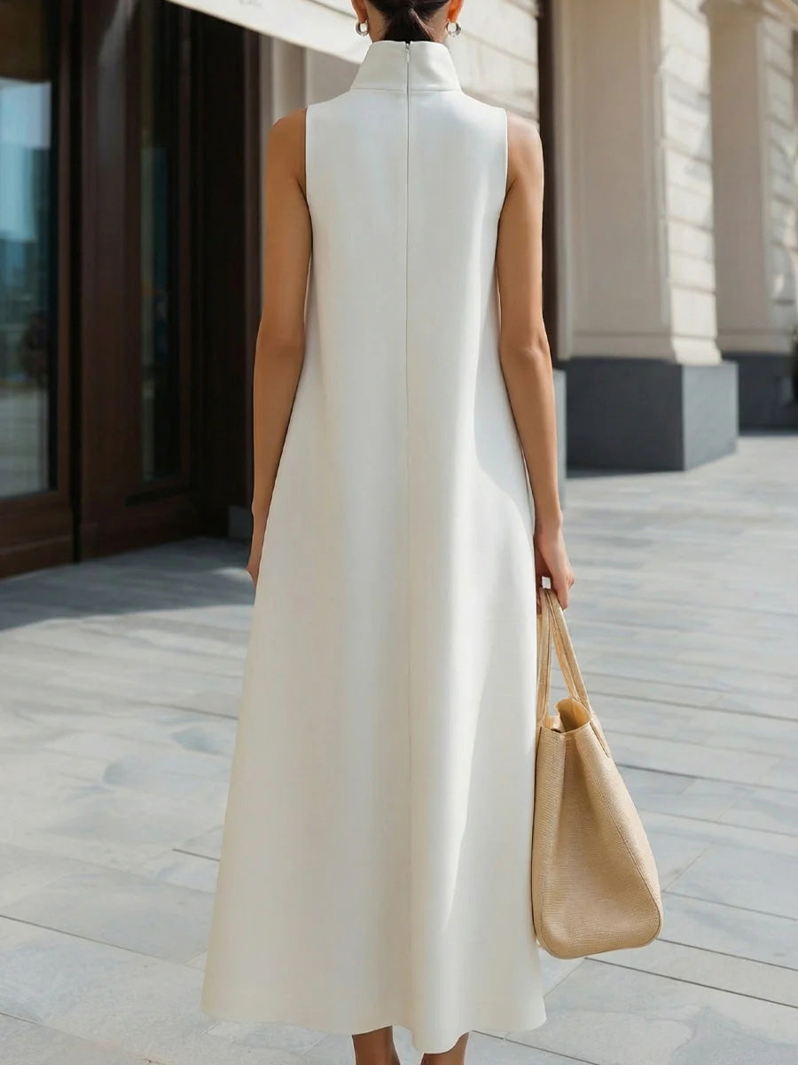 Women's Solid Color Stand Collar Sleeveless Casual Loose Cotton Linen Dress