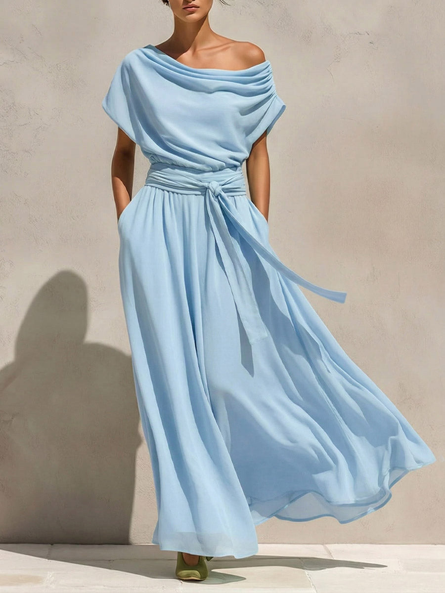 Women's Solid-color Off-shoulder Short-sleeve Casual Loose A-line Dress