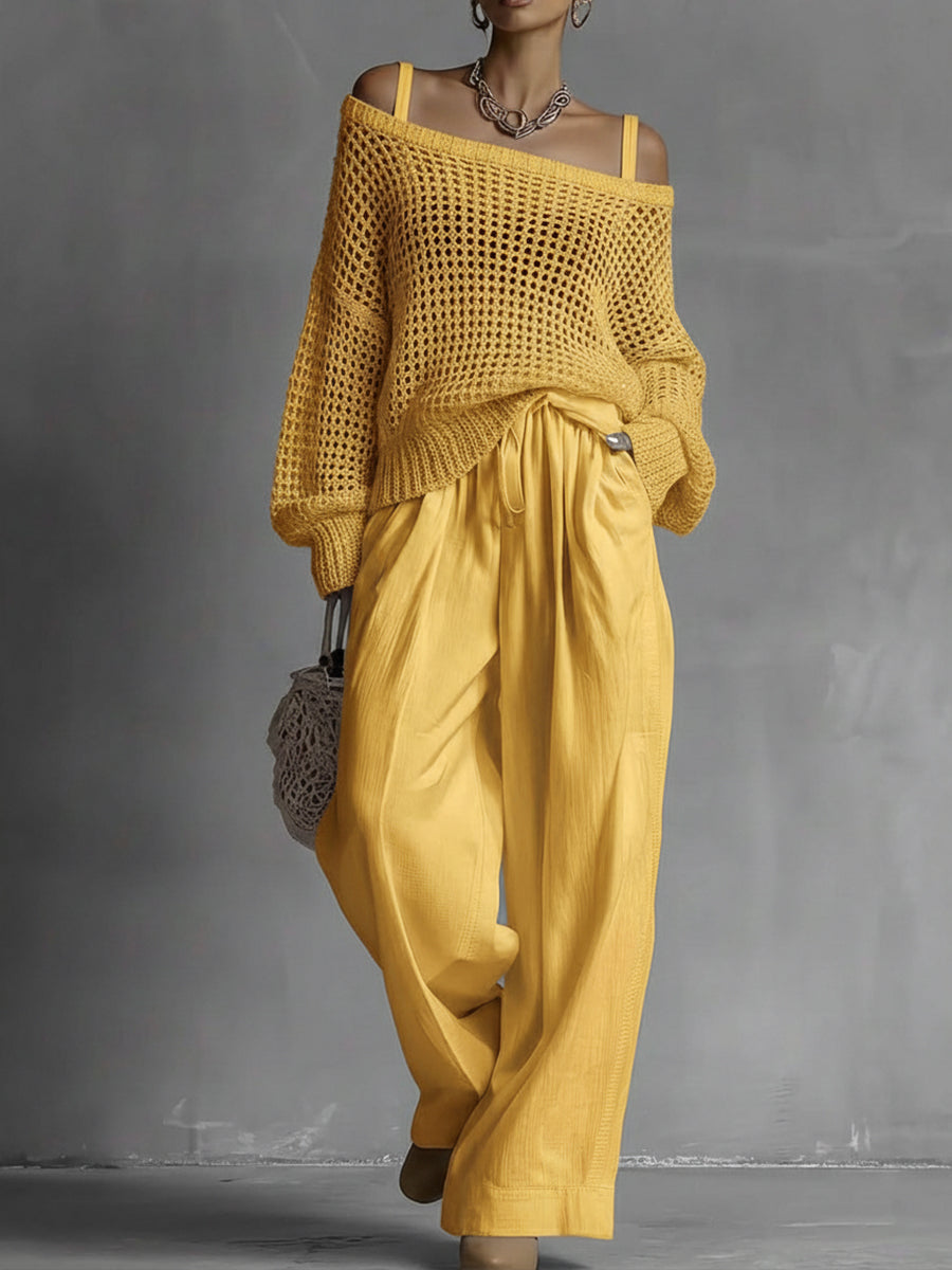 Women's Cozy Openwork Knit Top And Linen-cotton Pants Two-piece Set.