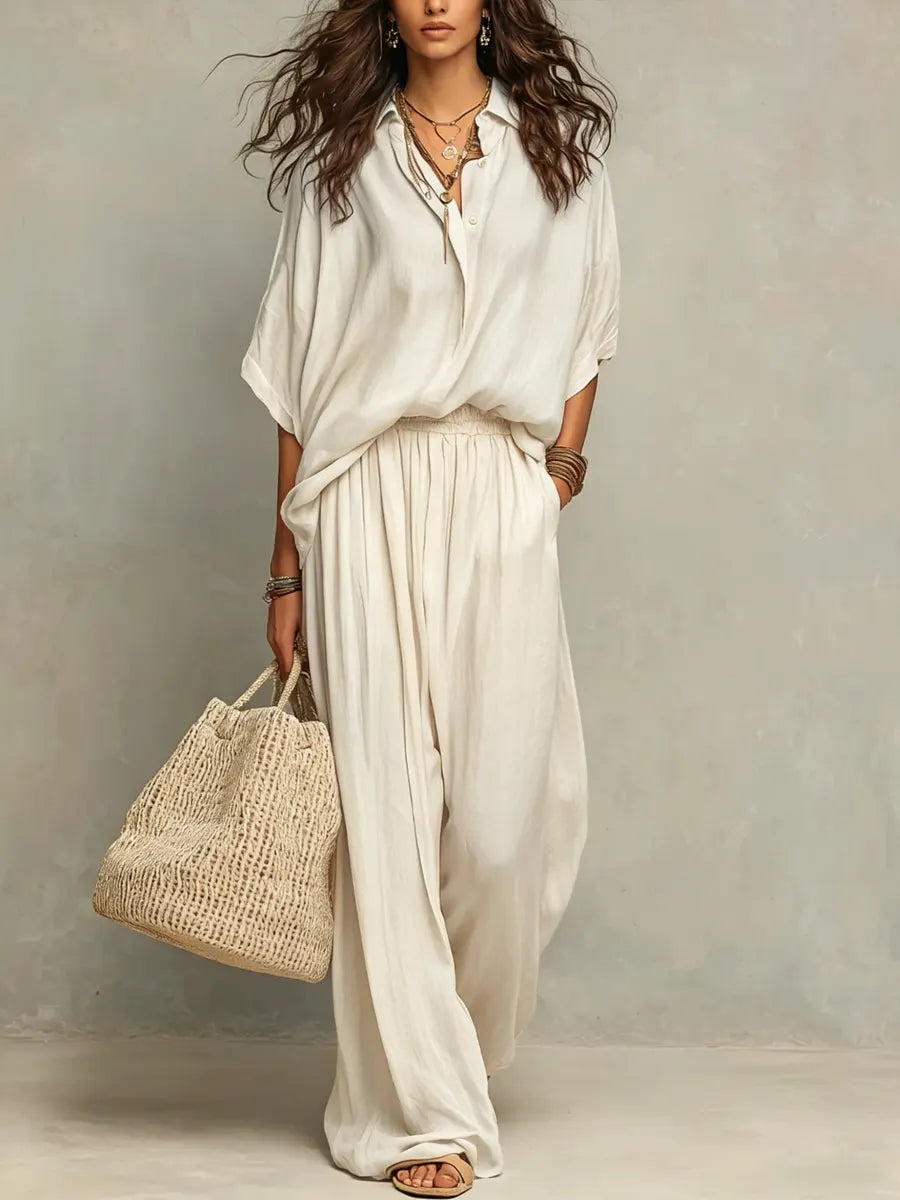 Women's Simple Shirt And Wide-leg Pants Cotton And Linen Set