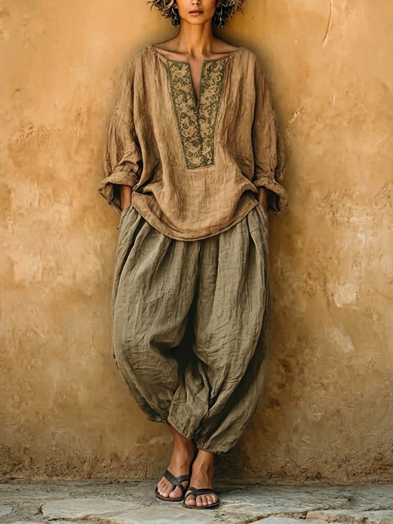 Bohemian Linen And Cotton Two-piece Top And Pants Set