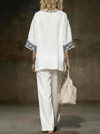 Women's V-neck 3/4 Sleeve Casual Loose Cotton Linen Top And High-waisted Casual Loose Wide-leg Pants Cotton Linen Set