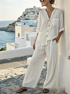 Women'S Solid Color V-Neck Button Cotton And Linen Two-Piece Set
