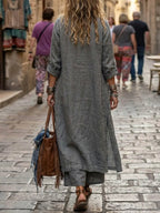 Women's Casual Cotton-linen Set: Loose-fit Long-sleeve Cardigan & High-waisted Wide-leg Pants