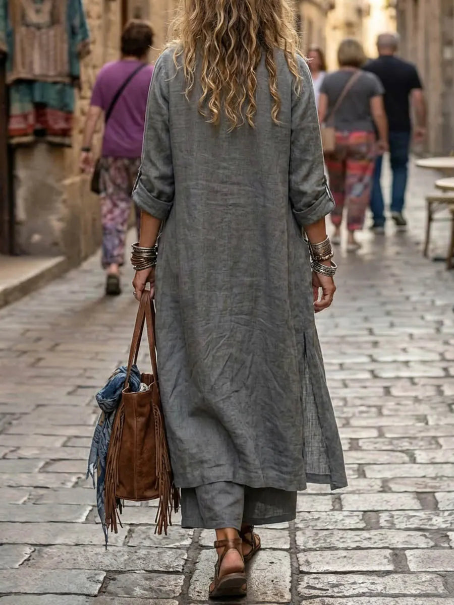 Women's Casual Cotton-linen Set: Loose-fit Long-sleeve Cardigan & High-waisted Wide-leg Pants