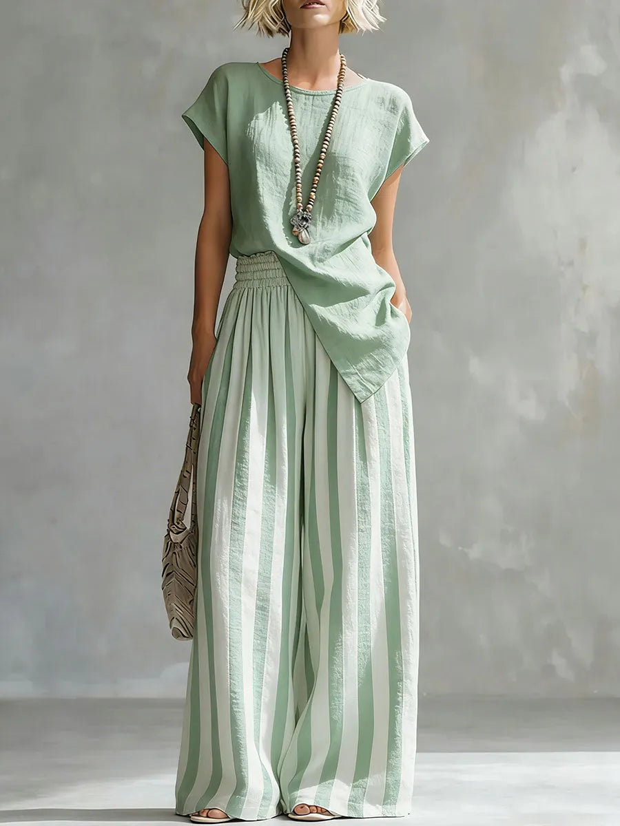 Cozy Loose-fit Striped Cotton-linen Two-piece Set