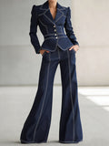 Women's Casual Denim Blazer And Wide-leg Pants Set