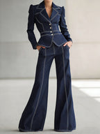 Women's Casual Denim Blazer And Wide-leg Pants Set