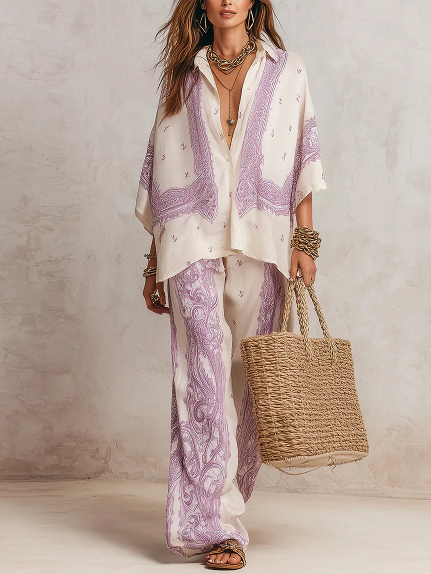 Women's Casual Cotton-linen Two-piece Set With Retro Pattern Print