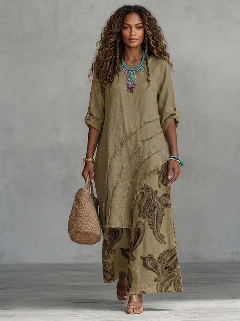 Casual Two-piece Set: Asymmetrical-hem Linen-cotton Top And Paisley-print Pants