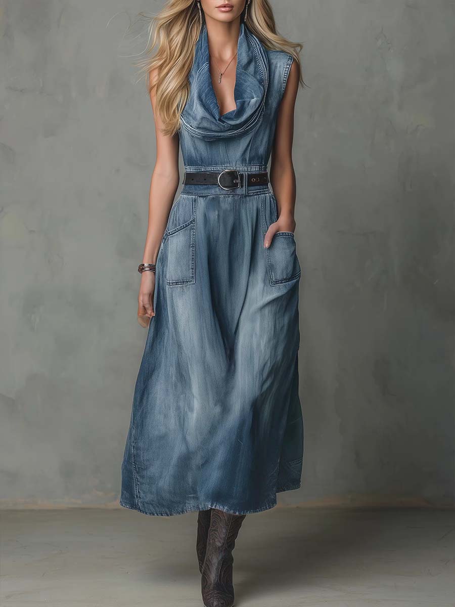 Women's Sleeveless Casual Loose Denim Dress With A Ruffled Neckline