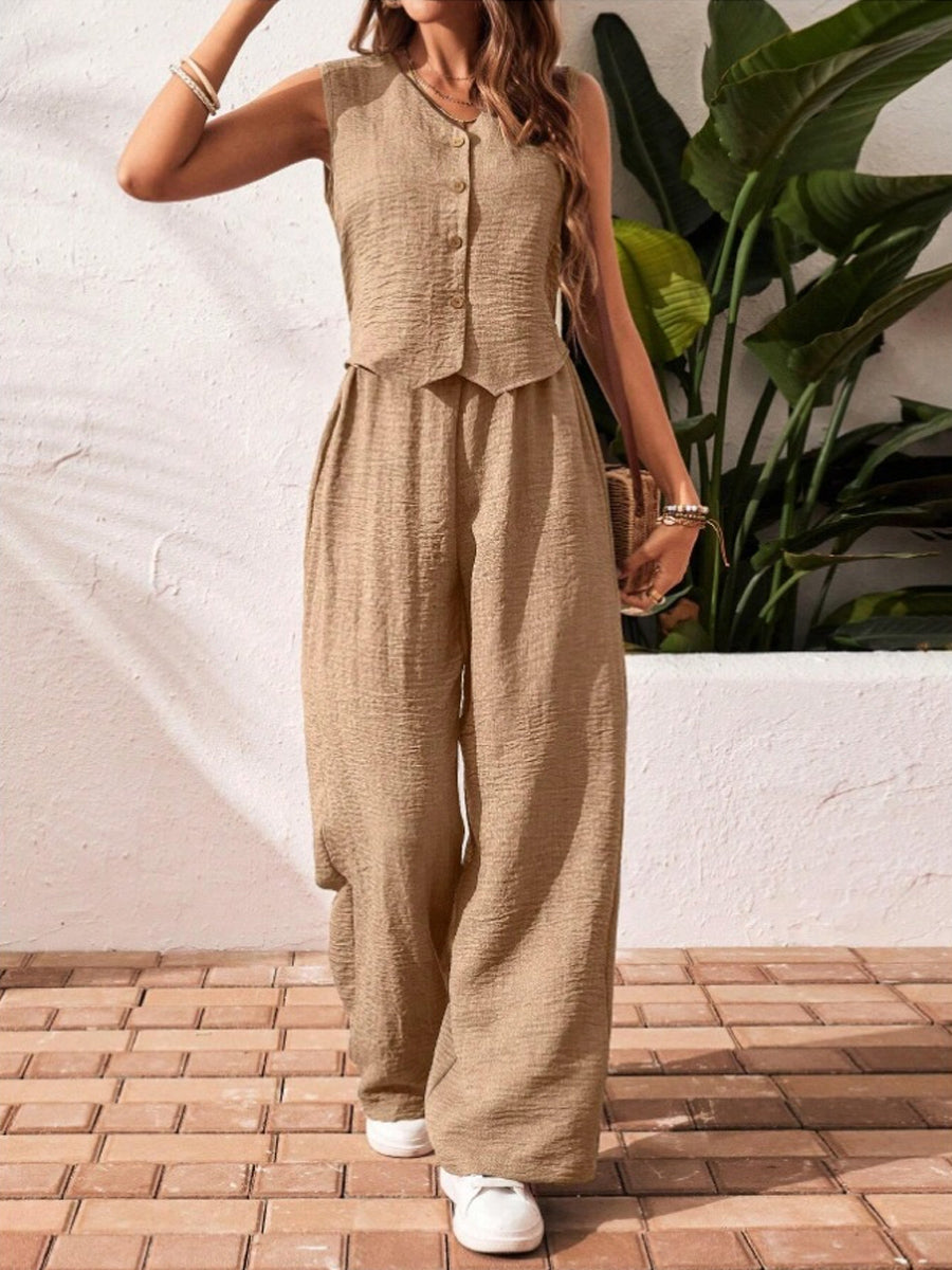 Women's Linen V-neck Front Button Vest And Pants Set