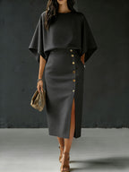 Women's Round Neck Loose Sleeve Casual Loose Cotton Linen Top And High Waist Casual Loose Long Skirt Cotton Linen Set
