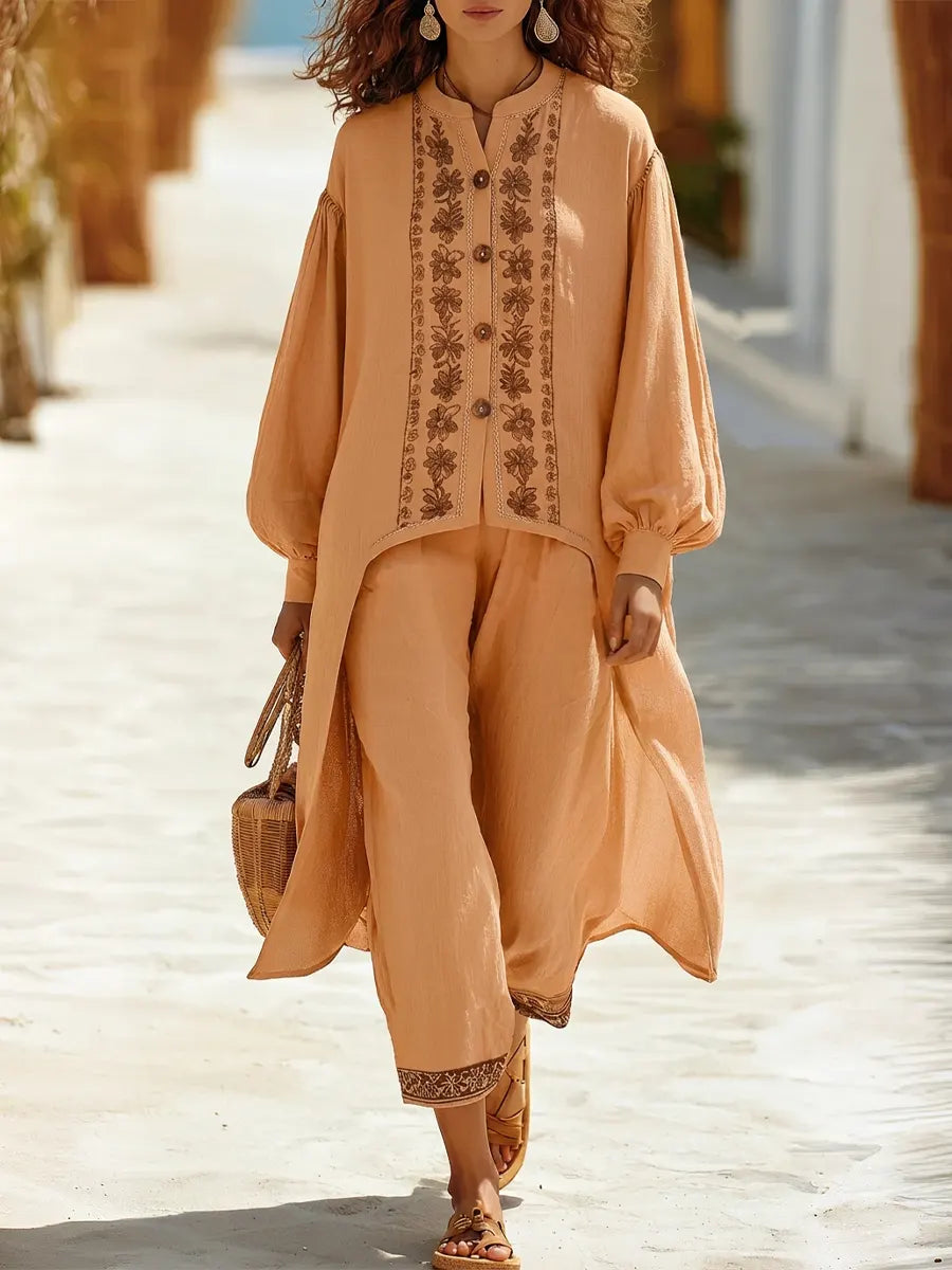 Women's Ethnic Comfortable Loose Top + Pants Cotton Linen Two-piece Set