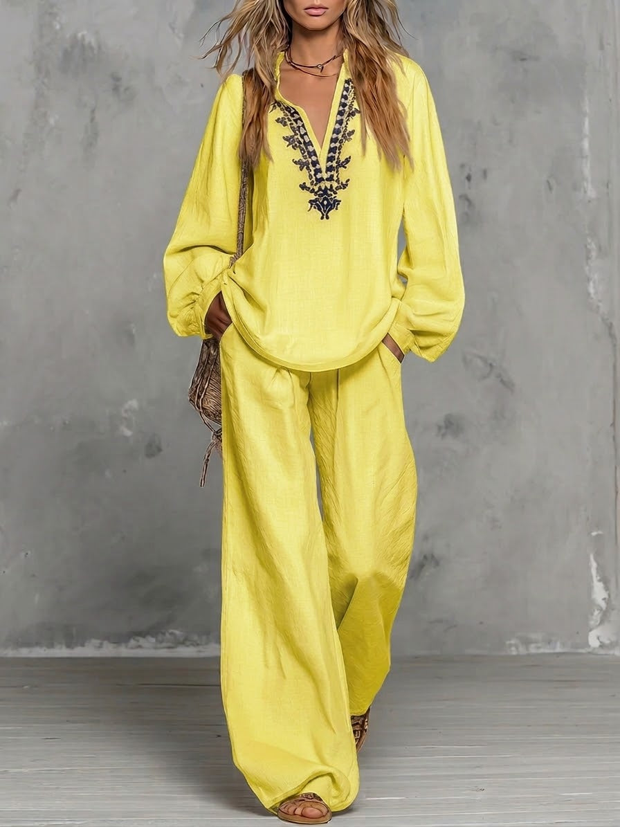 Casual Linen And Cotton Shirt And Trousers Two-piece Set