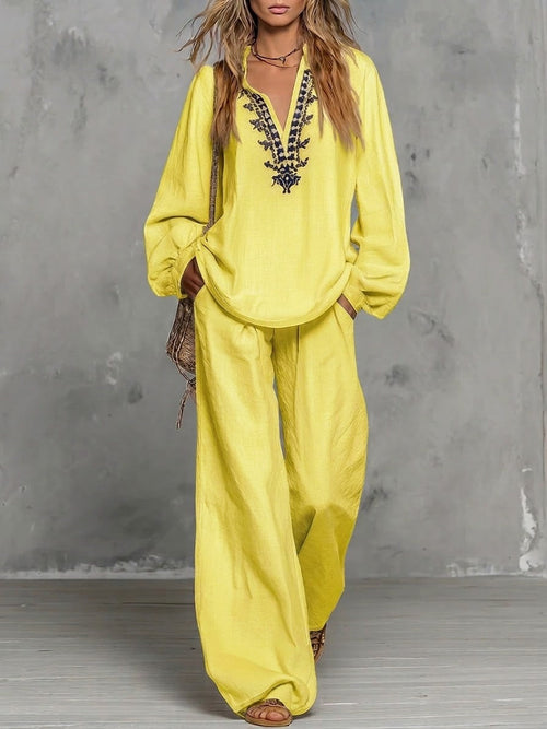 Casual Linen And Cotton Shirt And Trousers Two-piece Set