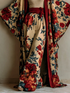 Women's Elegant Red Vintage Printed Robe Pants Set
