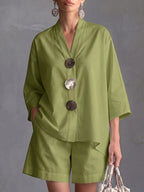 Women's Solid-color V-neck 3/4-sleeve Casual Loose Cotton-linen Top & High-waisted Wide-leg Shorts Set