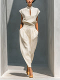 Women's Solid-color Stand-collar Sleeveless Loose-fit Cotton-linen Top & High-waisted Wide-leg Pants Casual Set